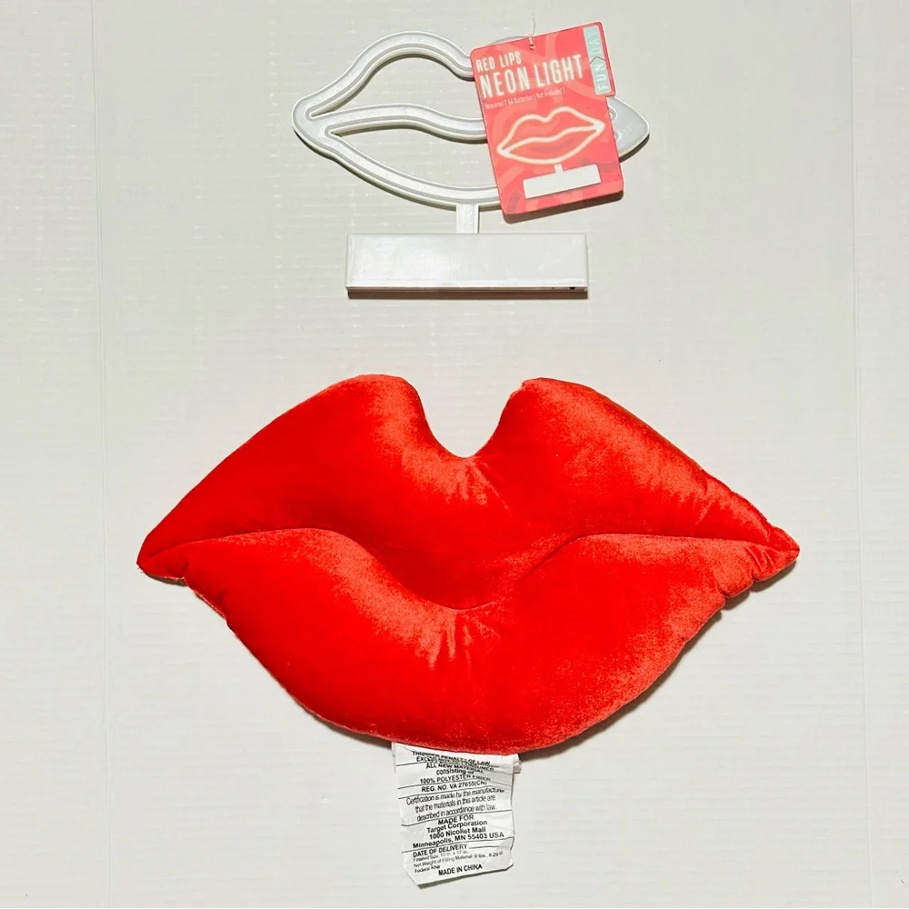 Room Essentials Lip Forever Velvet Throw Pillow in Berry Red & Neon Lip NEW